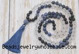 GMN6366 Knotted 8mm, 10mm matte sodalite, white crystal  & black agate 108 beads mala necklace with tassel