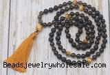 GMN6369 Knotted 8mm, 10mm black lava, smoky quartz & golden tiger eye 108 beads mala necklace with tassel