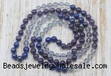 GMN6400 Hand-knotted 8mm, 10mm amethyst, white crystal & lapis lazuli 108 beads mala necklaces