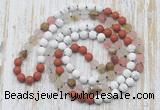 GMN6405 Hand-knotted 8mm, 10mm white howlite, cherry quartz & red jasper 108 beads mala necklaces