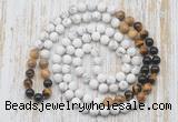 GMN6408 Hand-knotted 8mm, 10mm matte white howlite & mixed gemstone 108 beads mala necklaces