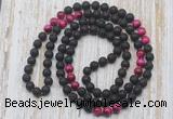 GMN6416 Hand-knotted 8mm, 10mm black lava & red tiger eye 108 beads mala necklaces