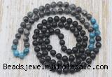 GMN6418 Hand-knotted 8mm, 10mm matte black agate, black labradorite & apatite 108 beads mala necklaces