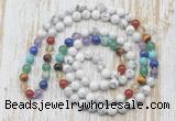 GMN6421 Hand-knotted 7 Chakra 8mm, 10mm white howlite 108 beads mala necklaces