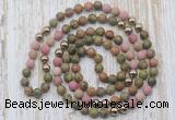 GMN6448 Hand-knotted 8mm, 10mm matte unakite & pink wooden jasper 108 beads mala necklaces