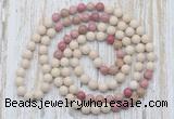 GMN6450 Hand-knotted 8mm, 10mm white fossil jasper & pink wooden jasper 108 beads mala necklaces