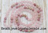 GMN6451 Hand-knotted 8mm, 10mm rose quartz & pink wooden jasper 108 beads mala necklaces