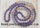 GMN6453 Hand-knotted 8mm, 10mm amethyst, citrine & white crystal 108 beads mala necklaces