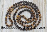 GMN6458 Knotted 8mm, 10mm yellow tiger eye, garnet & smoky quartz 108 beads mala necklaces