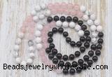 GMN6462 Hand-knotted 8mm, 10mm black agate, rose quartz & white howlite 108 beads mala necklaces