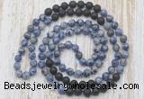 GMN6464 Hand-knotted 8mm, 10mm blue spot stone & black lava 108 beads mala necklaces