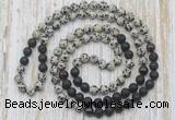 GMN6465 Hand-knotted 8mm, 10mm dalmatian jasper, black lava & garnet 108 beads mala necklaces