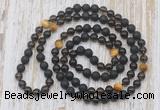 GMN6469 Knotted 8mm, 10mm black lava, smoky quartz & golden tiger eye 108 beads mala necklaces