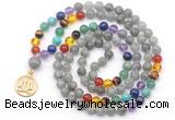 GMN6482 Knotted 7 Chakra 8mm, 10mm labradorite 108 beads mala necklace with charm