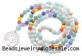 GMN6484 Knotted 7 Chakra 8mm, 10mm amazonite 108 beads mala necklace with charm