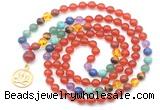 GMN6486 Knotted 7 Chakra 8mm, 10mm red agate 108 beads mala necklace with charm