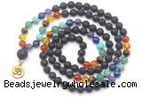 GMN6488 Knotted 7 Chakra 8mm, 10mm black lava 108 beads mala necklace with charm