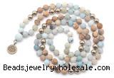 GMN6490 Knotted 8mm, 10mm matte amazonite & picture jasper 108 beads mala necklace with charm