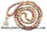 GMN6492 Knotted 8mm, 10mm matte picture jasper & red jasper 108 beads mala necklace with charm