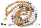 GMN6503 Knotted 8mm, 10mm golden tiger eye, lapis lazuli & matte white howlite 108 beads mala necklace with charm