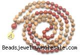 GMN6506 Knotted 8mm, 10mm picture jasper & red jasper 108 beads mala necklace with charm