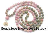 GMN6507 Knotted 8mm, 10mm unakite & pink wooden jasper 108 beads mala necklace with charm