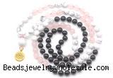 GMN6508 Knotted 8mm, 10mm black agate, rose quartz & white howlite 108 beads mala necklace with charm