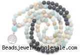 GMN6509 Knotted 8mm, 10mm matte amazonite & black lava 108 beads mala necklace with charm