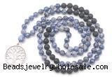 GMN6510 Knotted 8mm, 10mm blue spot stone & black lava 108 beads mala necklace with charm