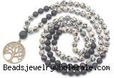 GMN6511 Knotted 8mm, 10mm dalmatian jasper, black lava & garnet 108 beads mala necklace with charm