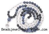 GMN6512 Knotted 8mm, 10mm matte sodalite, white crystal  & black agate 108 beads mala necklace with charm