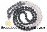 GMN6514 Knotted 8mm, 10mm black labradorite, matte rose quartz  & black agate 108 beads mala necklace with charm