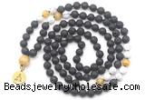 GMN6515 Knotted 8mm, 10mm black lava, matte white howlite & golden tiger eye 108 beads mala necklace with charm