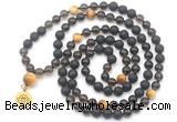 GMN6516 Knotted 8mm, 10mm black lava, smoky quartz & golden tiger eye 108 beads mala necklace with charm