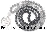 GMN6517 Knotted 8mm, 10mm black lava, black labradorite & cloudy quartz 108 beads mala necklace with charm