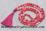 GMN674 Hand-knotted 8mm, 10mm red banded agate 108 beads mala necklaces with tassel