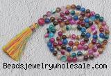 GMN675 Hand-knotted 8mm, 10mm colorfull banded agate 108 beads mala necklaces with tassel