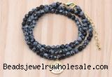 GMN7522 4mm faceted round tiny snowflake obsidian beaded necklace with letter charm