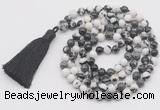 GMN793 Hand-knotted 8mm, 10mm black & white jasper 108 beads mala necklace with tassel