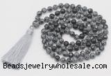 GMN794 Hand-knotted 8mm, 10mm snowflake obsidian 108 beads mala necklace with tassel