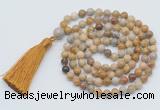 GMN796 Hand-knotted 8mm, 10mm fossil coral 108 beads mala necklace with tassel