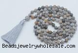 GMN797 Hand-knotted 8mm, 10mm silver needle agate 108 beads mala necklace with tassel