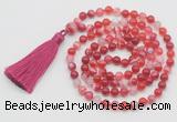 GMN798 Hand-knotted 8mm, 10mm red banded agate 108 beads mala necklace with tassel