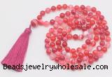 GMN803 Hand-knotted 8mm, 10mm red banded agate 108 beads mala necklace with tassel