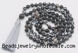 GMN804 Hand-knotted 8mm, 10mm black banded agate 108 beads mala necklace with tassel