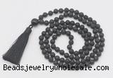 GMN806 Hand-knotted 8mm, 10mm black lava 108 beads mala necklace with tassel