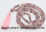 GMN812 Hand-knotted 8mm, 10mm purple strawberry quartz 108 beads mala necklace with tassel