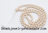 GMN815 Hand-knotted 8mm, 10mm white fossil jasper 108 beads mala necklace with tassel