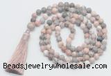 GMN816 Hand-knotted 8mm, 10mm pink zebra jasper 108 beads mala necklace with tassel