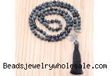 GMN8219 18 - 36 inches 8mm snowflake obsidian 54, 108 beads mala necklace with tassel